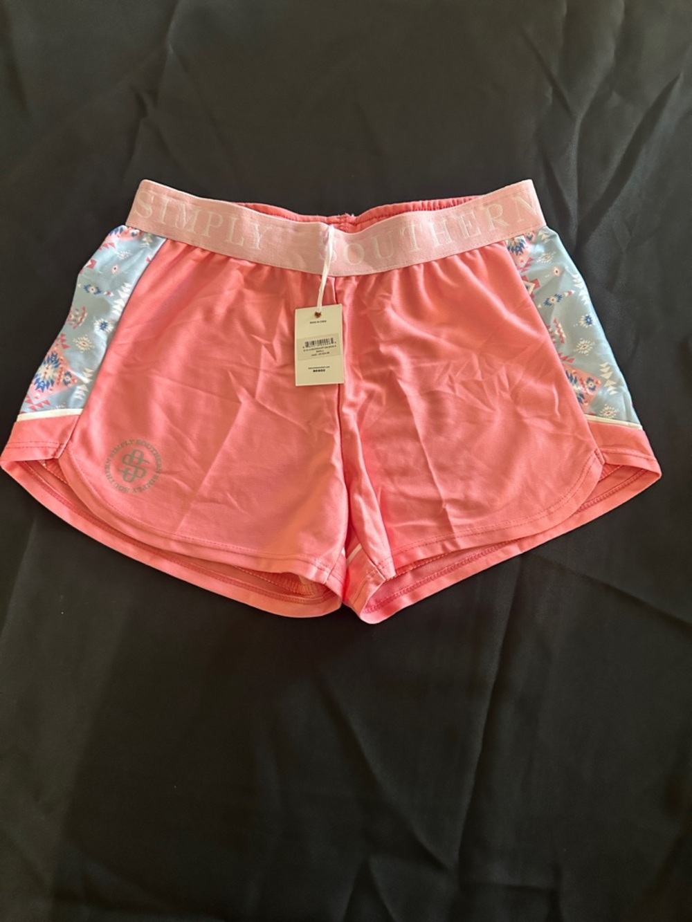 Simply Southern Coral Pink Athletic Shorts with Floral Side Panels